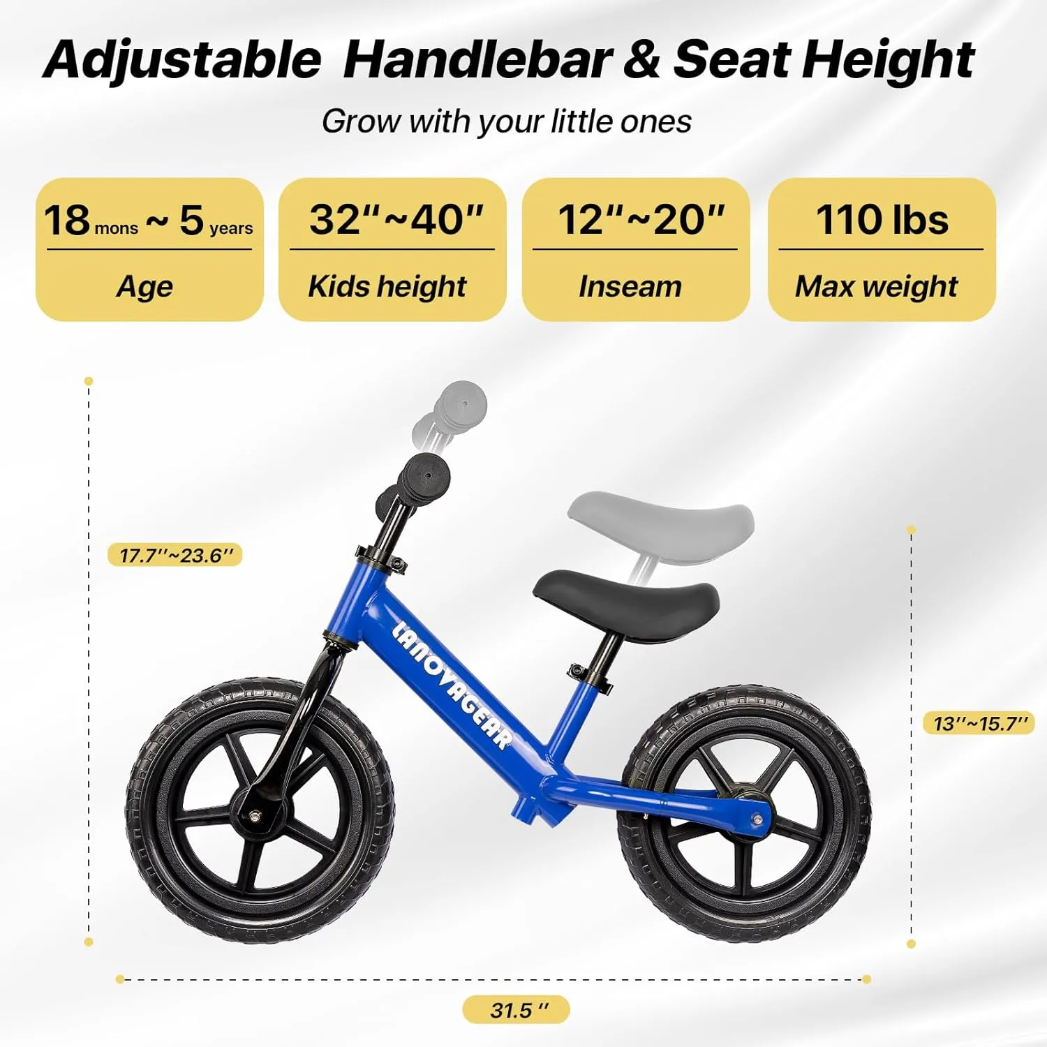 LANOVAGEAR 12” Sport Balance Bike for Kids Ages 18 Months to 5 Years Lightweight, Adjustable Seat, No-Pedal Design for Toddler Boys & Girls