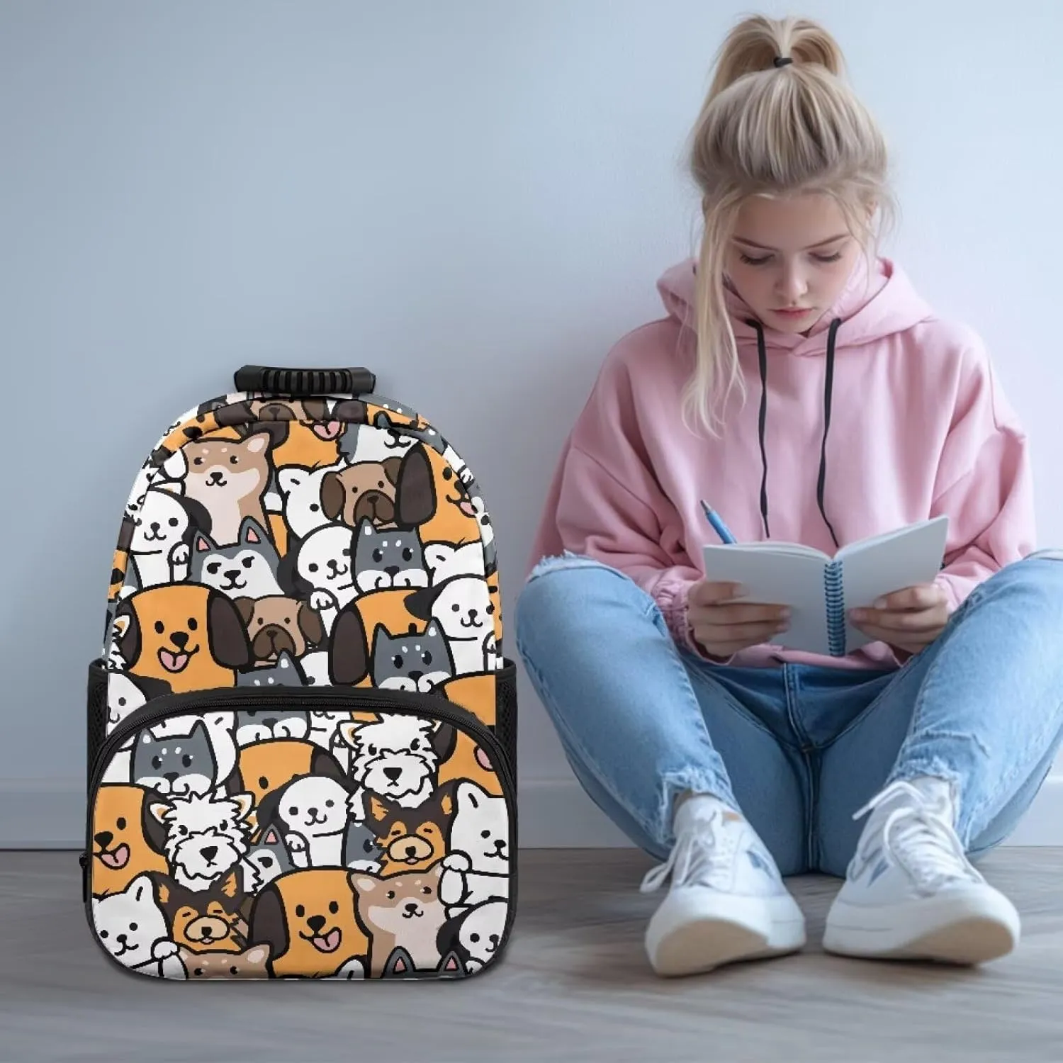 Large Capacity School Backpack for Teens & College Students - Durable 17 Inch Laptop Bookbag with Padded Sleeve, Side Water Bottle Holders for High School, Cartoon Cute Puppy Print