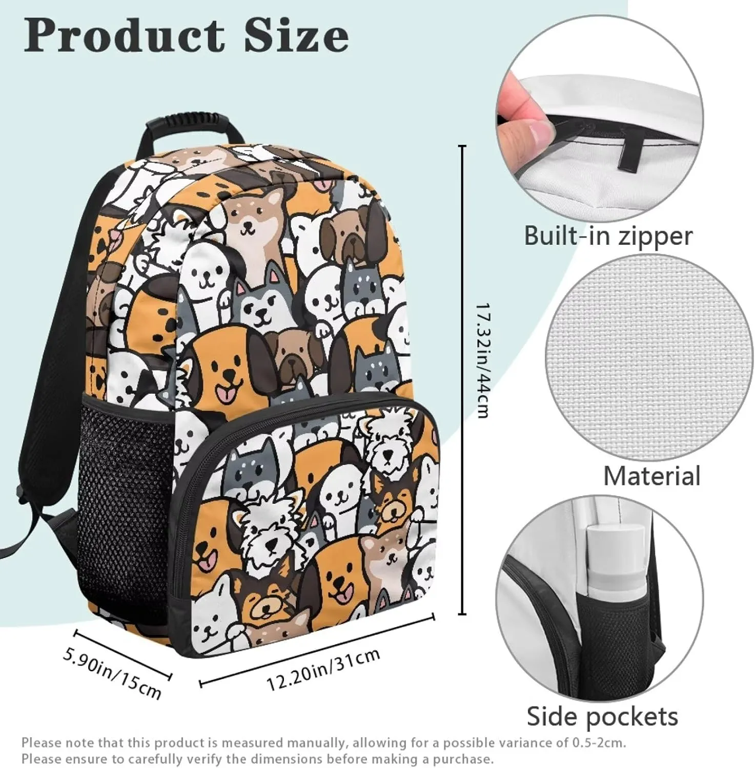 Large Capacity School Backpack for Teens & College Students - Durable 17 Inch Laptop Bookbag with Padded Sleeve, Side Water Bottle Holders for High School, Cartoon Cute Puppy Print