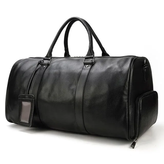 Large Carry-On Saddle Stitch Leather Duffel Bag Black/Brown Two Sizes