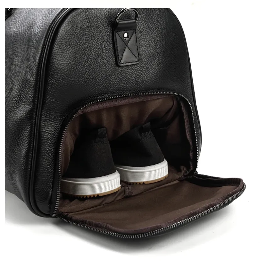 Large Carry-On Saddle Stitch Leather Duffel Bag Black/Brown Two Sizes
