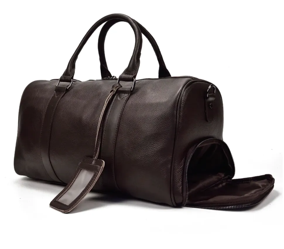 Large Carry-On Saddle Stitch Leather Duffel Bag Black/Brown Two Sizes