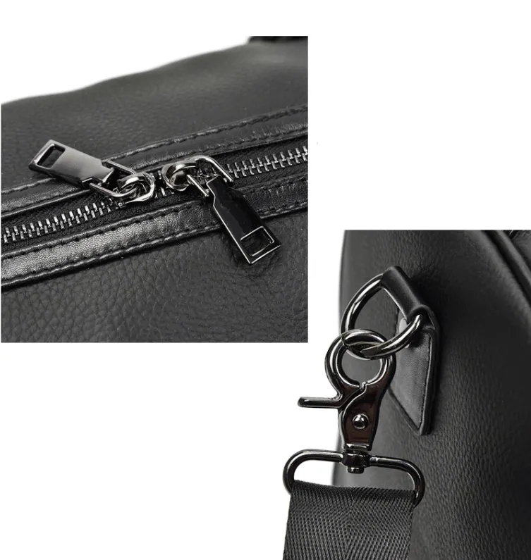 Large Carry-On Saddle Stitch Leather Duffel Bag Black/Brown Two Sizes