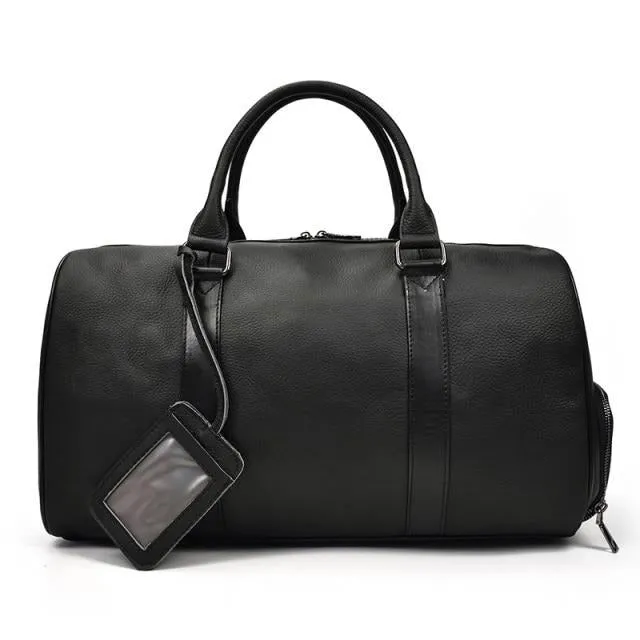 Large Carry-On Saddle Stitch Leather Duffel Bag Black/Brown Two Sizes