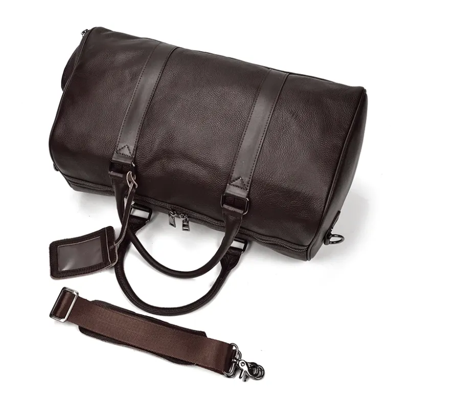 Large Carry-On Saddle Stitch Leather Duffel Bag Black/Brown Two Sizes