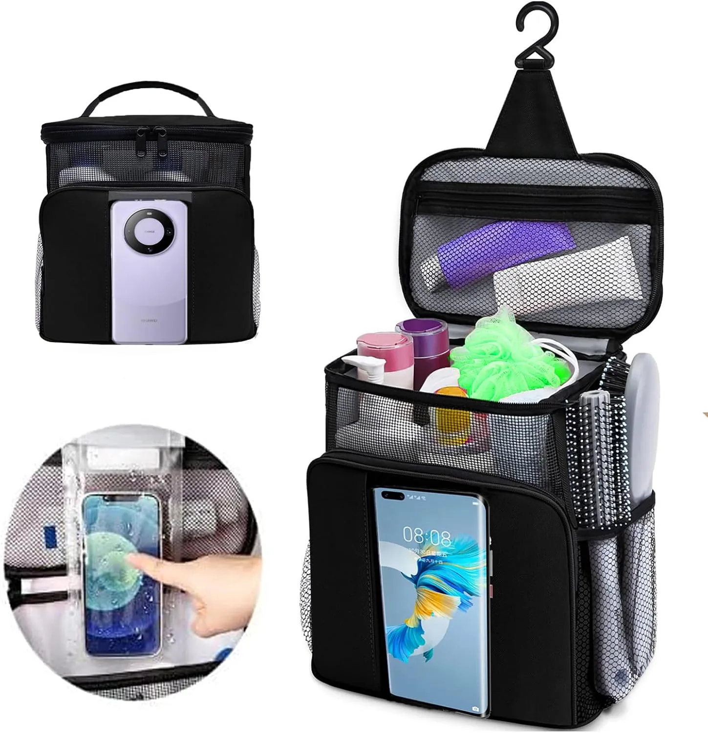 Large Mesh Shower Caddy for guys girls,Bathroom Bag,Portable Shower Caddy for College Dorm Room,Hanging Toiletry Bags for Traveling,Gym Camping Cruise Ship Travel Essentials Shower Bag-Black