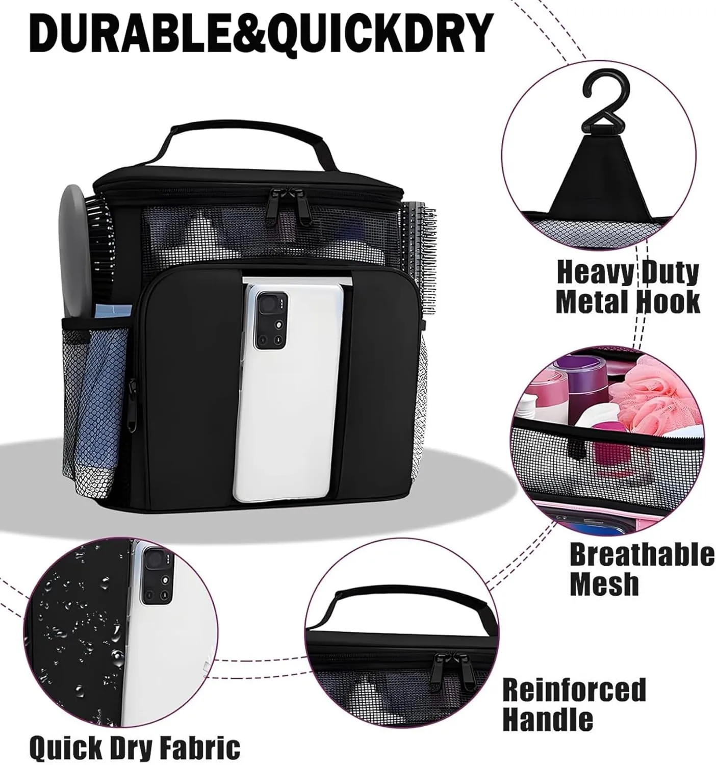Large Mesh Shower Caddy for guys girls,Bathroom Bag,Portable Shower Caddy for College Dorm Room,Hanging Toiletry Bags for Traveling,Gym Camping Cruise Ship Travel Essentials Shower Bag-Black