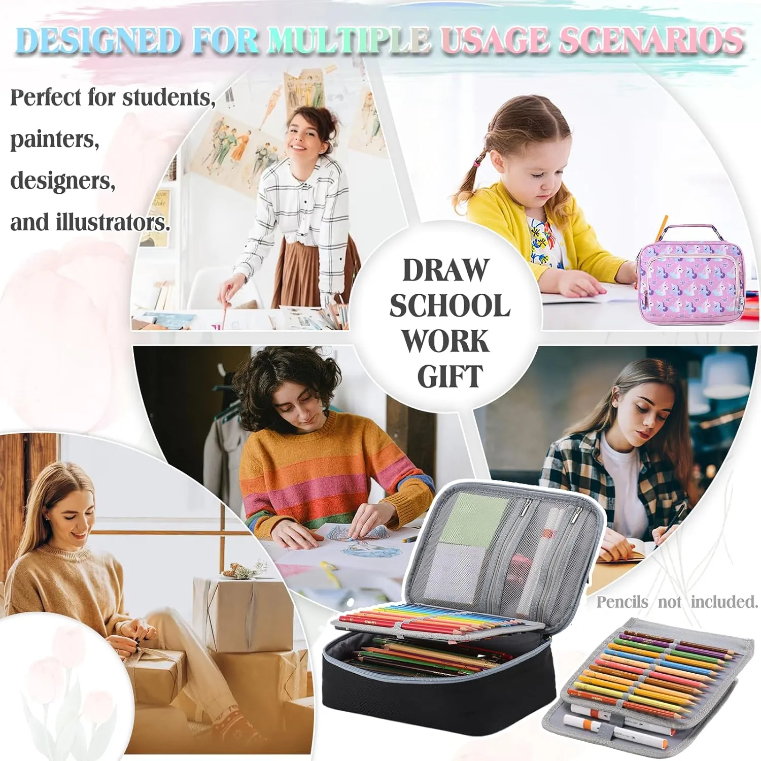 Large Pen Pencil Case,VONXURY High Capacity Art Colored Pencil Pouch Portable Stationery Organizer With 2 Detachable Layers 54 Slots Multiple Zipper Pockets for School Office College