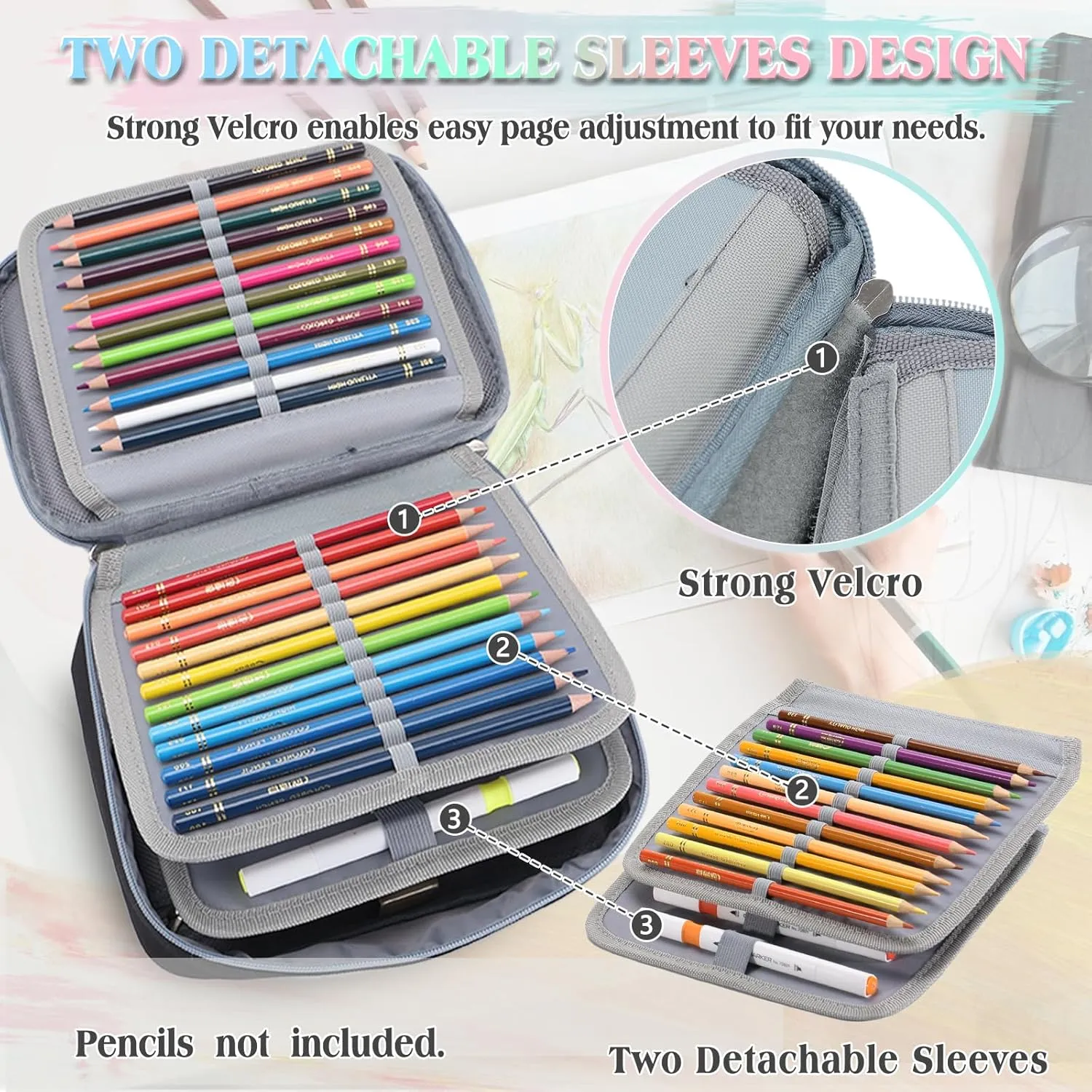 Large Pen Pencil Case,VONXURY High Capacity Art Colored Pencil Pouch Portable Stationery Organizer With 2 Detachable Layers 54 Slots Multiple Zipper Pockets for School Office College