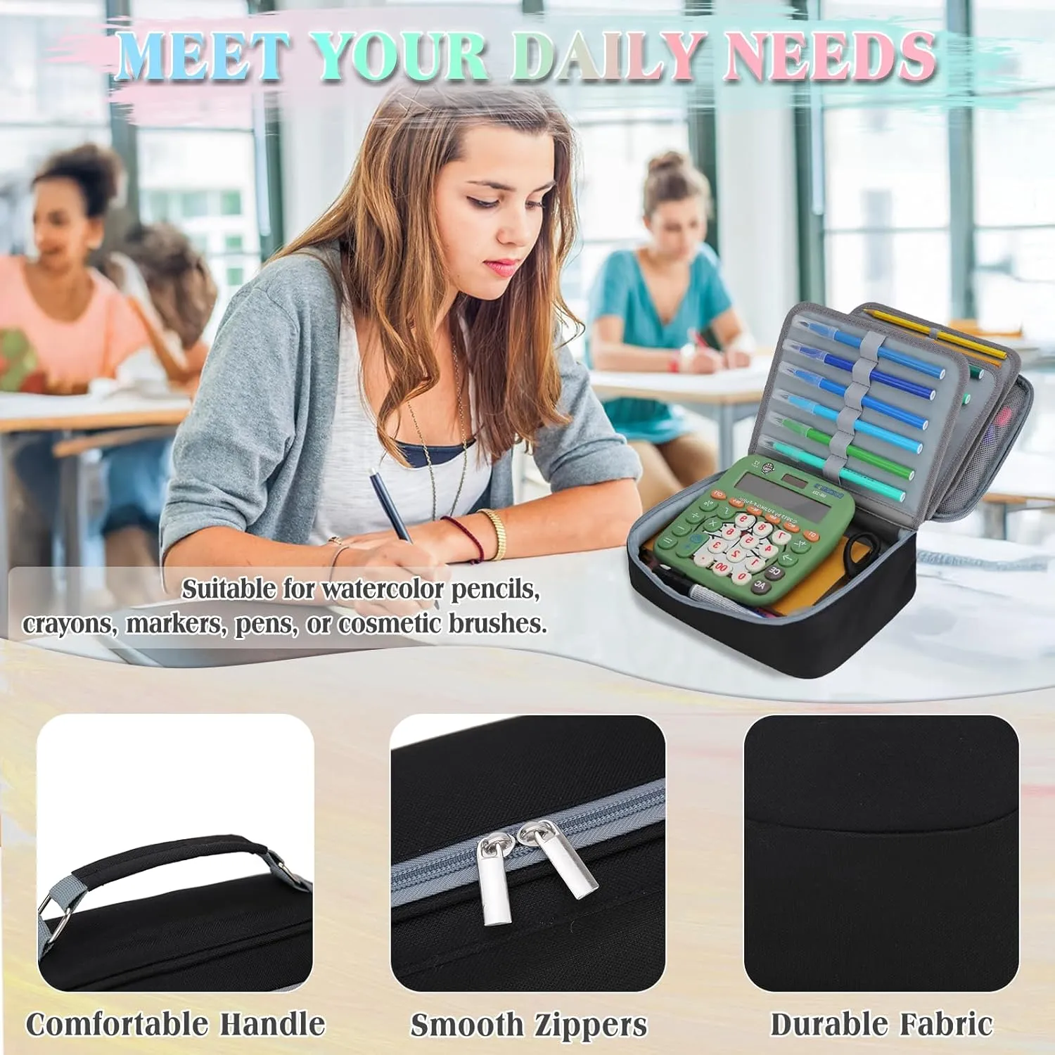 Large Pen Pencil Case,VONXURY High Capacity Art Colored Pencil Pouch Portable Stationery Organizer With 2 Detachable Layers 54 Slots Multiple Zipper Pockets for School Office College