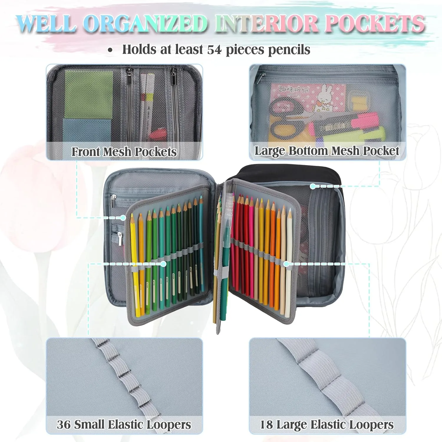 Large Pen Pencil Case,VONXURY High Capacity Art Colored Pencil Pouch Portable Stationery Organizer With 2 Detachable Layers 54 Slots Multiple Zipper Pockets for School Office College