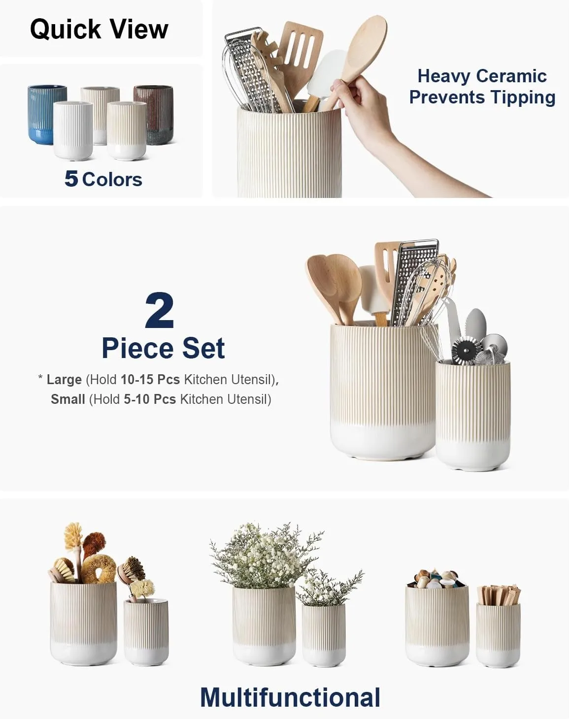 LE TAUCI Utensil Holder, 7.3" 5.4" Ceramic Kitchen Utensil Holder for Countertop, Large Cooking Utensil Crocks Gift for Mom, Boho Farmhouse Kitchen Decor, Set of 2, Reactive Glaze Arctic White
