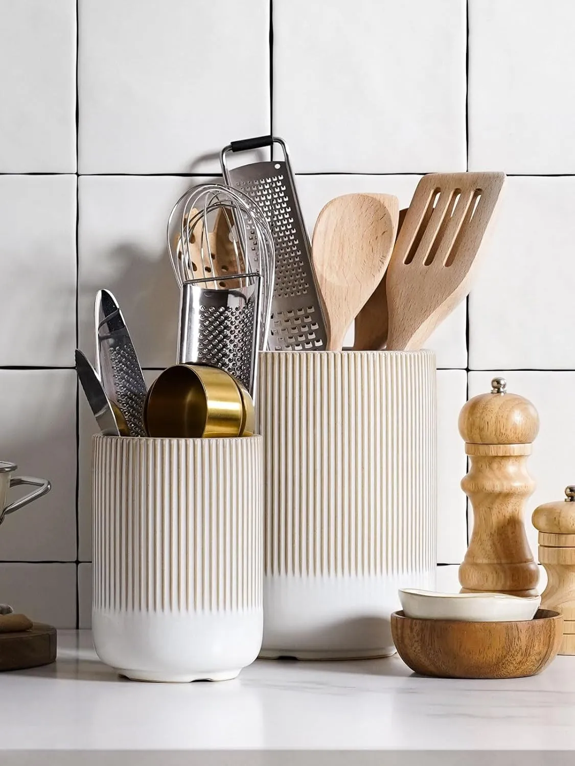 LE TAUCI Utensil Holder, 7.3" 5.4" Ceramic Kitchen Utensil Holder for Countertop, Large Cooking Utensil Crocks Gift for Mom, Boho Farmhouse Kitchen Decor, Set of 2, Reactive Glaze Arctic White