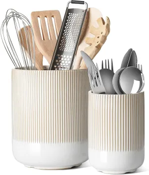 LE TAUCI Utensil Holder, 7.3" 5.4" Ceramic Kitchen Utensil Holder for Countertop, Large Cooking Utensil Crocks Gift for Mom, Boho Farmhouse Kitchen Decor, Set of 2, Reactive Glaze Arctic White