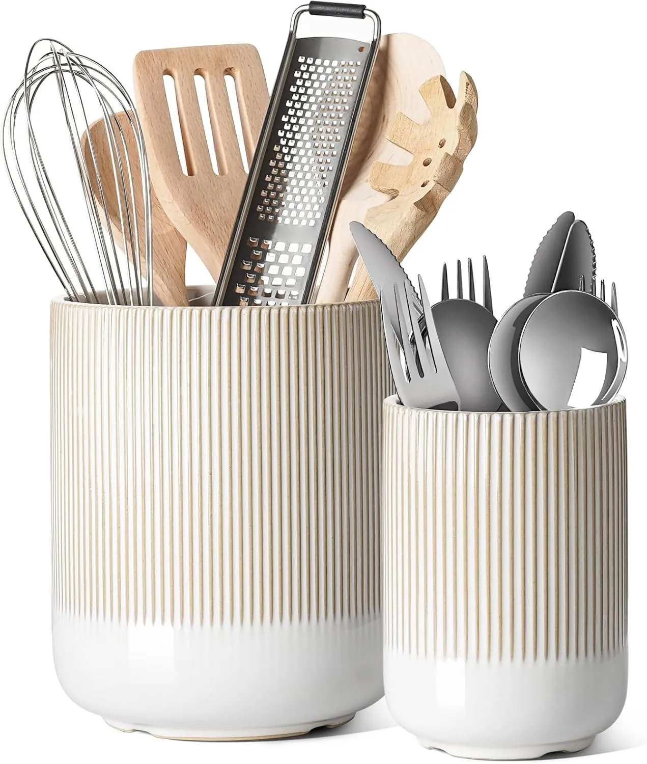 LE TAUCI Utensil Holder, 7.3" 5.4" Ceramic Kitchen Utensil Holder for Countertop, Large Cooking Utensil Crocks Gift for Mom, Boho Farmhouse Kitchen Decor, Set of 2, Reactive Glaze Arctic White