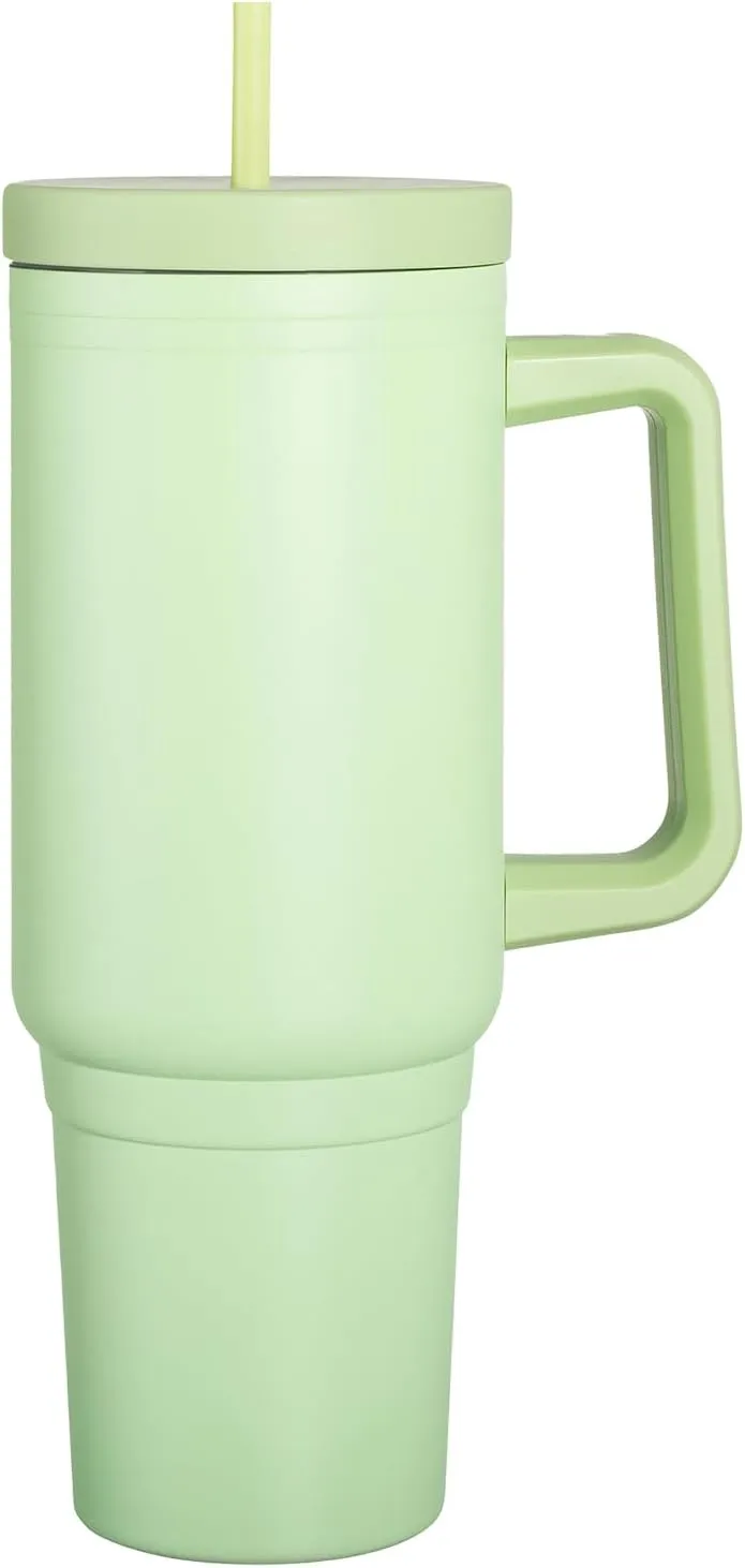 Lemon Green 40oz Insulated Tumbler with Handle, Lid & Straw - Use for Water, Tea, Coffee & More-Disabled USMC Vet Owned Small Business