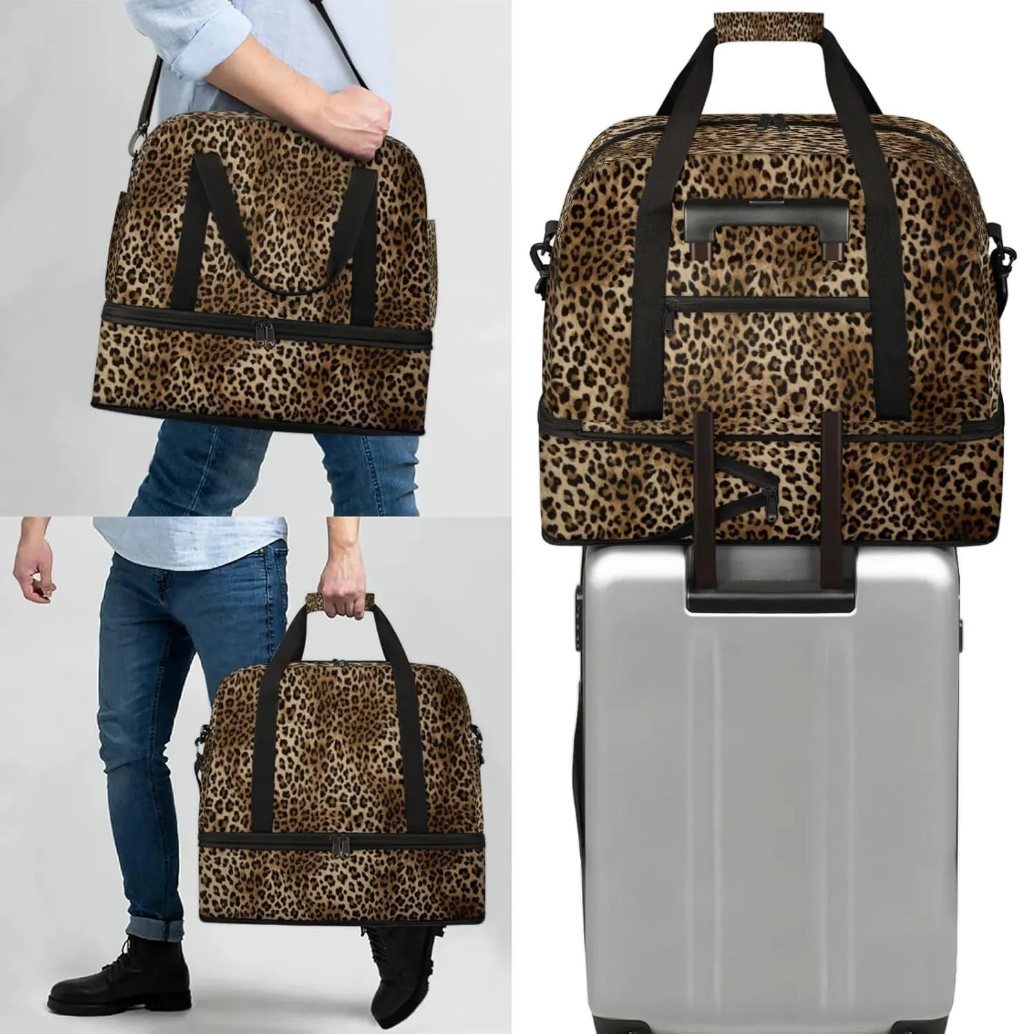 Leopard Animal Skin Travel Duffel Bags for Women & Men Large Sports Gym Bags Foldie Weekender Overnight Bag Carry On Tote Bag With Shoe Compartment Personal Item Luggage for Travel Sports Gym