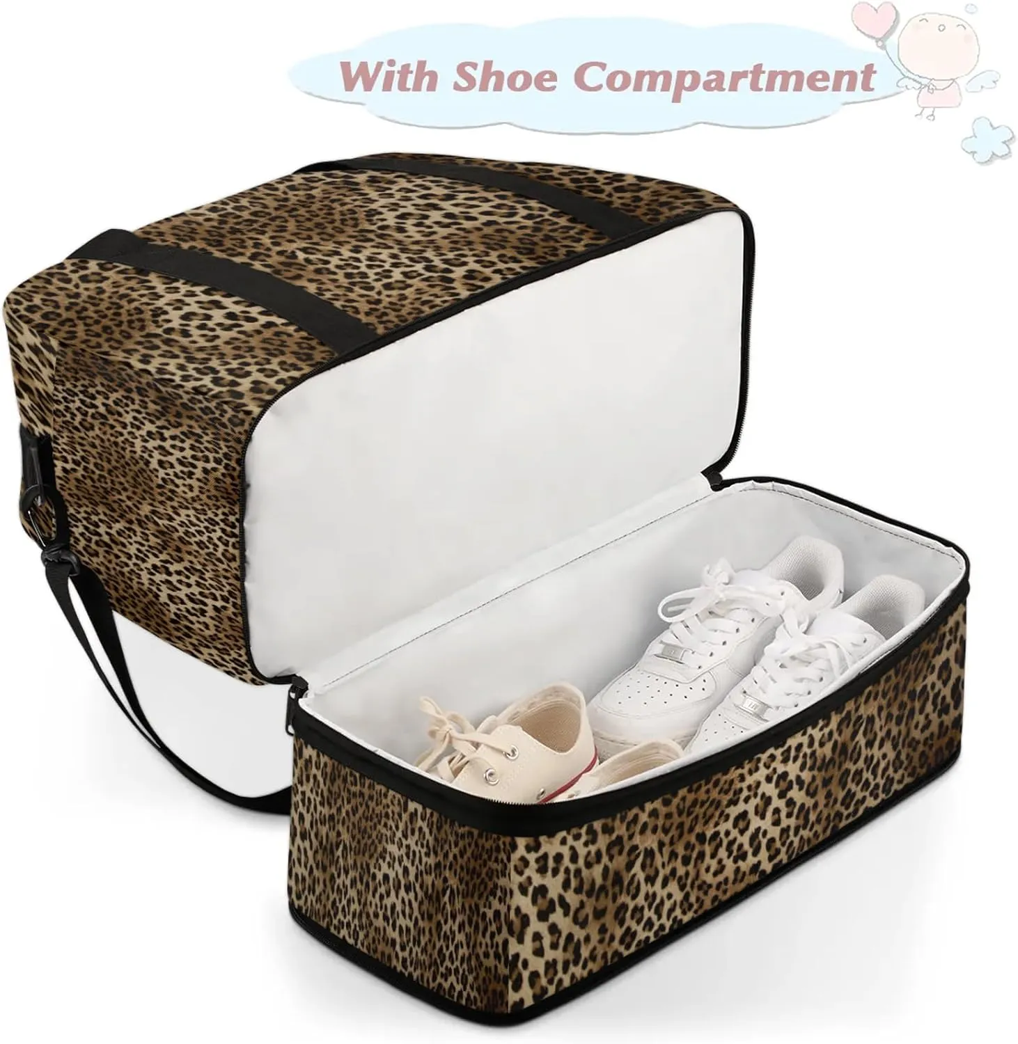 Leopard Animal Skin Travel Duffel Bags for Women & Men Large Sports Gym Bags Foldie Weekender Overnight Bag Carry On Tote Bag With Shoe Compartment Personal Item Luggage for Travel Sports Gym