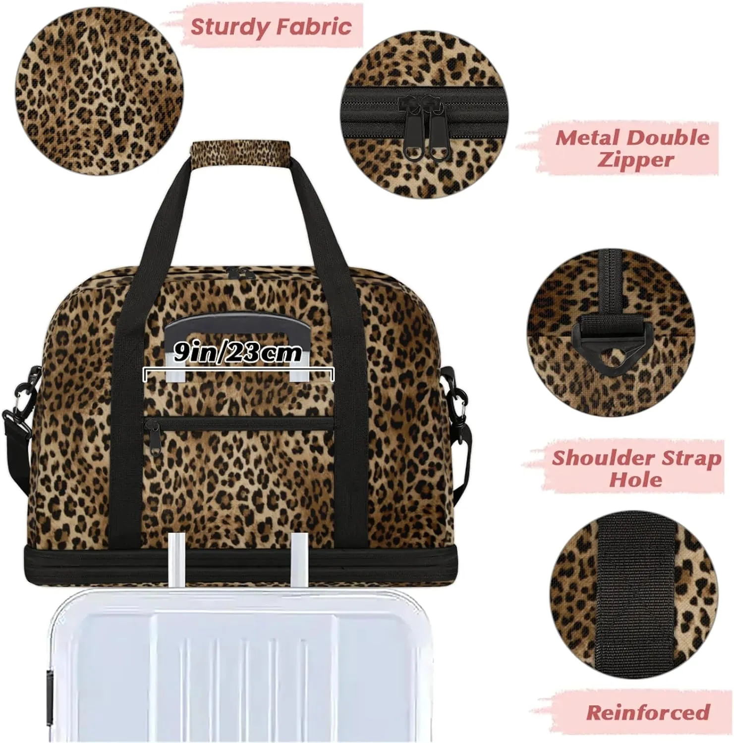 Leopard Animal Skin Travel Duffel Bags for Women & Men Large Sports Gym Bags Foldie Weekender Overnight Bag Carry On Tote Bag With Shoe Compartment Personal Item Luggage for Travel Sports Gym