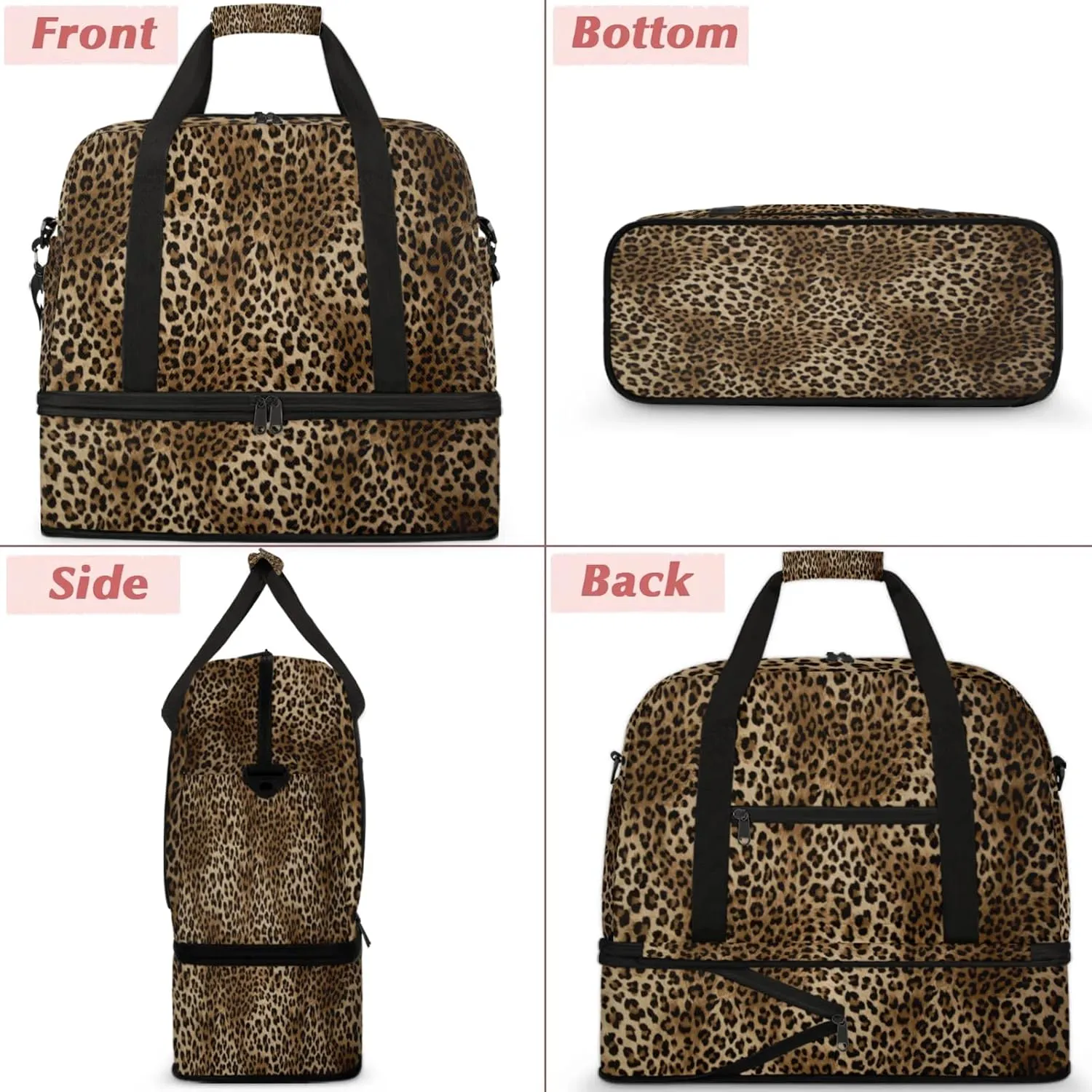 Leopard Animal Skin Travel Duffel Bags for Women & Men Large Sports Gym Bags Foldie Weekender Overnight Bag Carry On Tote Bag With Shoe Compartment Personal Item Luggage for Travel Sports Gym