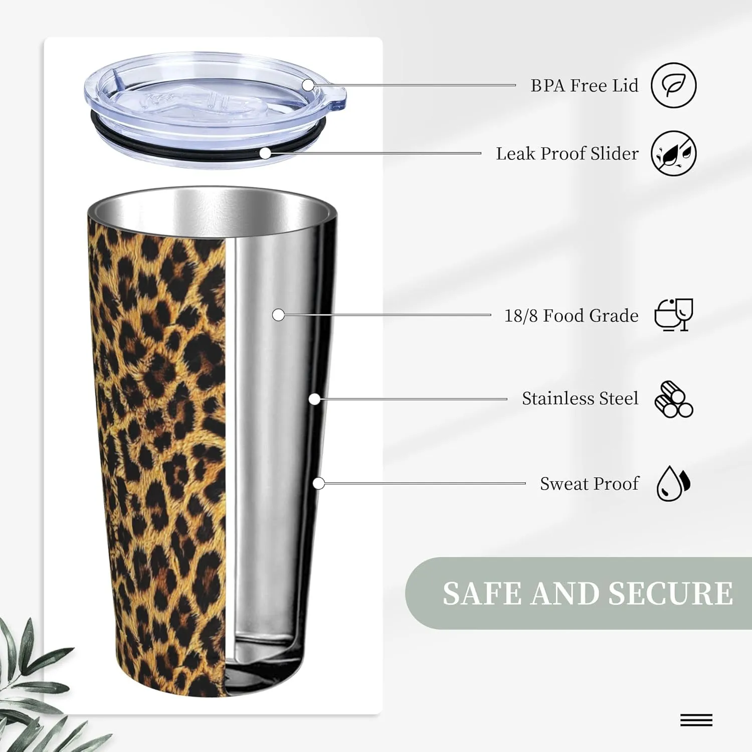 Leopard Print Tumbler with Lid and Straw 20 OZ Stainless Steel Travel Coffee Mug Double Wall Insulated Cup Leakproof for Car Sports Cafe Office