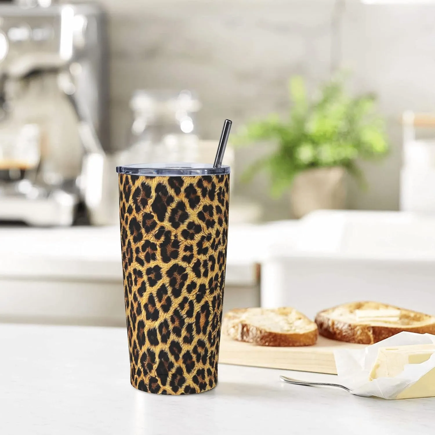 Leopard Print Tumbler with Lid and Straw 20 OZ Stainless Steel Travel Coffee Mug Double Wall Insulated Cup Leakproof for Car Sports Cafe Office