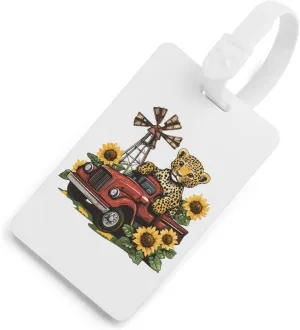 Leopard Truck Sunflower Windmill Luggage Tag for Travel Bag Cute Suitcase Identify Labels Baggage Tags White-Style