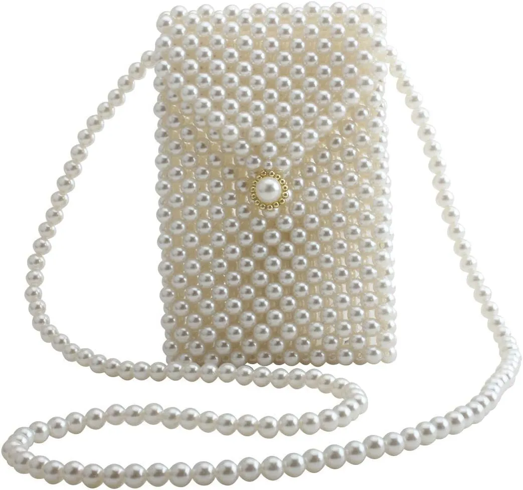 LETODE Women's Vintage Style Pearl Shoulder Bags Handmade Weave Pearl Crossbody Bags phone Purse Transparent Bags