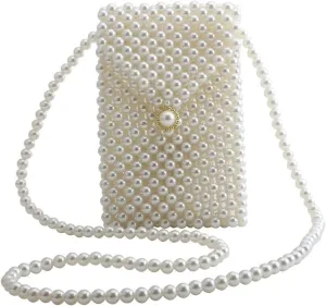 LETODE Women's Vintage Style Pearl Shoulder Bags Handmade Weave Pearl Crossbody Bags phone Purse Transparent Bags