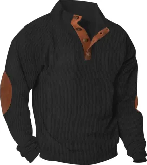 Lexiart Men's Casual Corduroy Sweatshirt Long Sleeve Thermal Stand Collar Button Pullover Sweatshirts