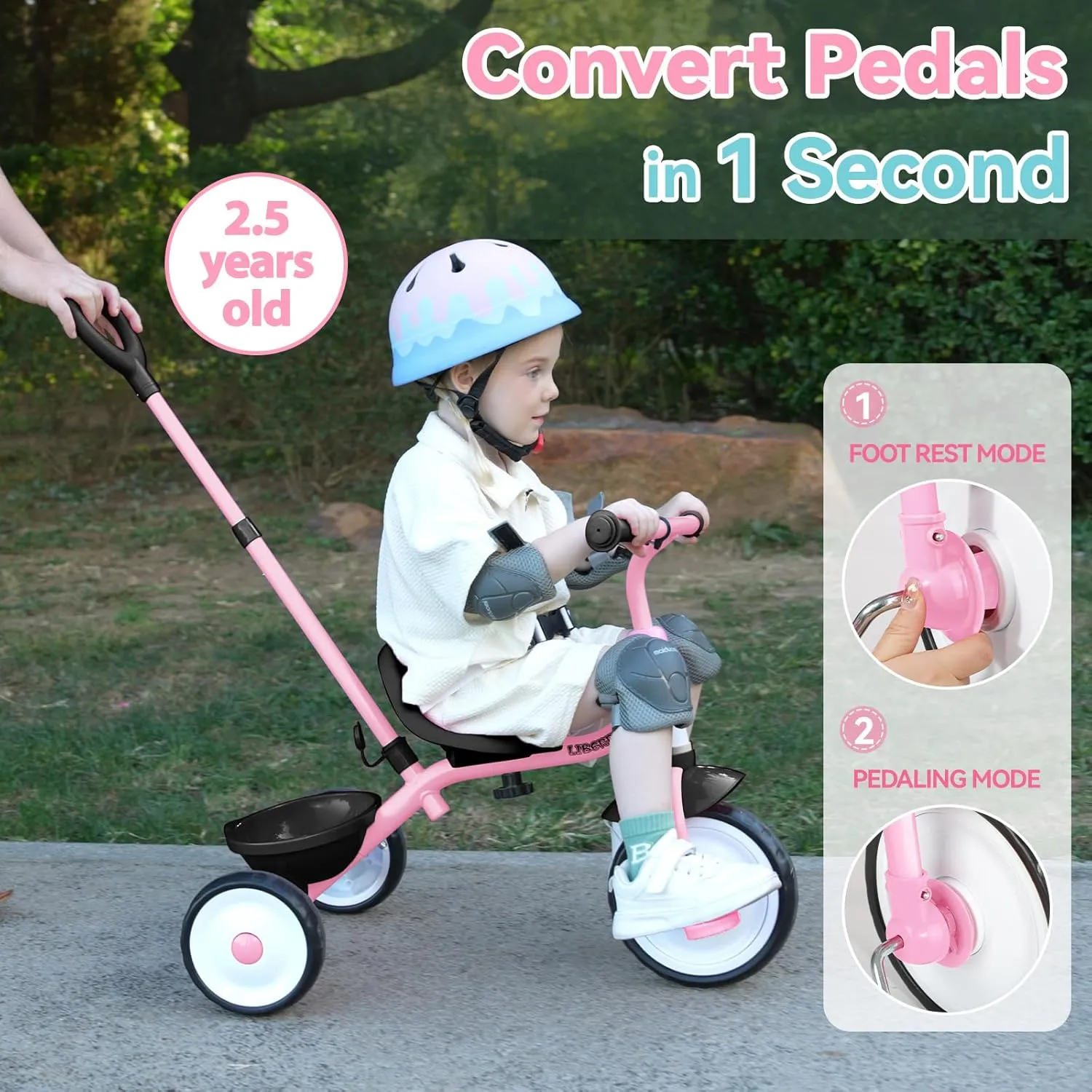 Liberry 2 in 1 Toddler Tricycle Age 2 3 4 Years Old, Kids Trike with Adjustable Push Handle, Bell & Basket, 3 Wheel Bike Riding Toy Birthday for Girls Boys, Light Pink