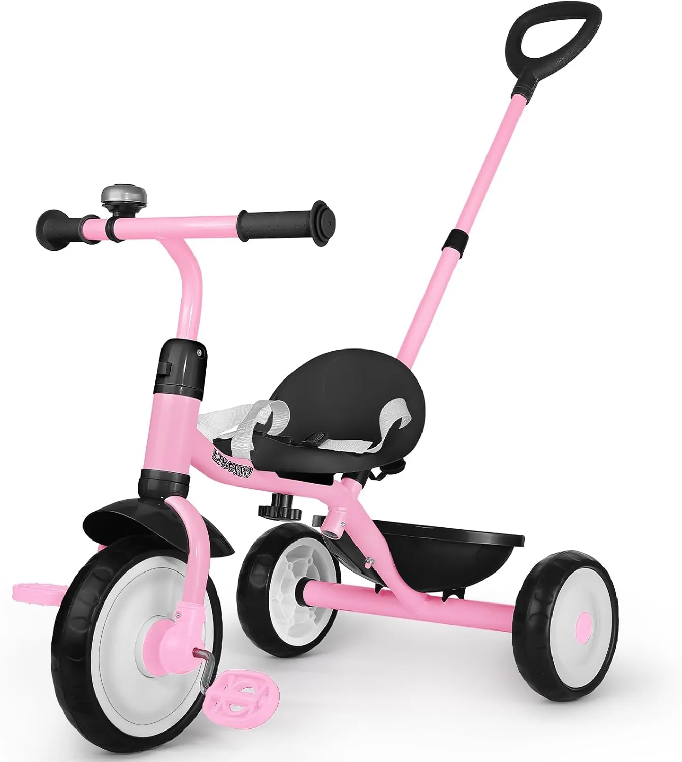 Liberry 2 in 1 Toddler Tricycle Age 2 3 4 Years Old, Kids Trike with Adjustable Push Handle, Bell & Basket, 3 Wheel Bike Riding Toy Birthday for Girls Boys, Light Pink