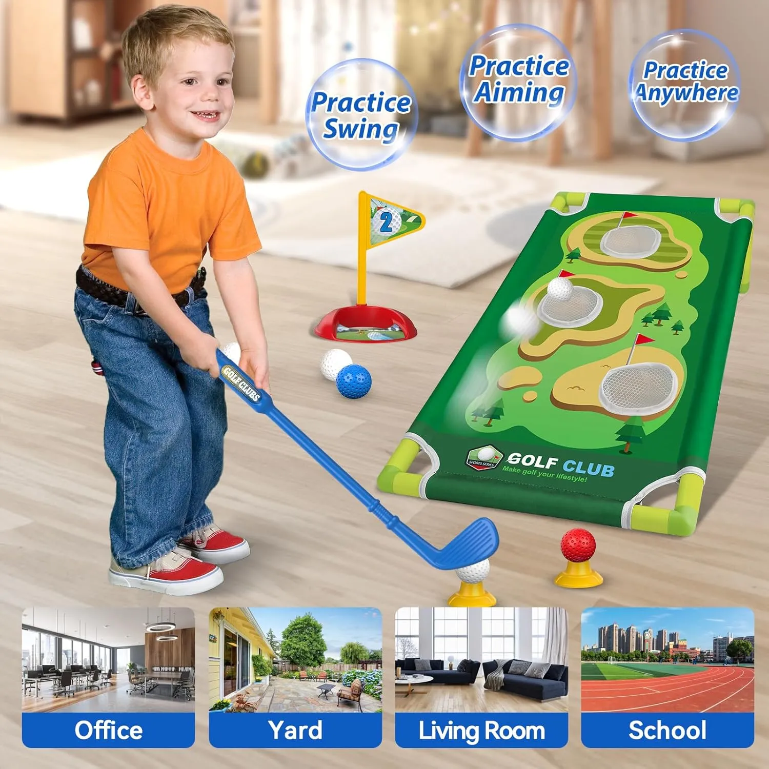 Liberry Toddler Golf Set for 2 3 4 5 Years Old Boys Girls, Upgraded Kids Golf Cart with Golf Cornhole Board & Putting Mat, Indoor and Outdoor Golf Toys Birthday Gift