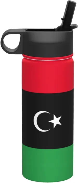 Libyan flag Print Flask Stainless Steel Water Bottle with Straw 18OZ FOR Outdoor Gym Commute