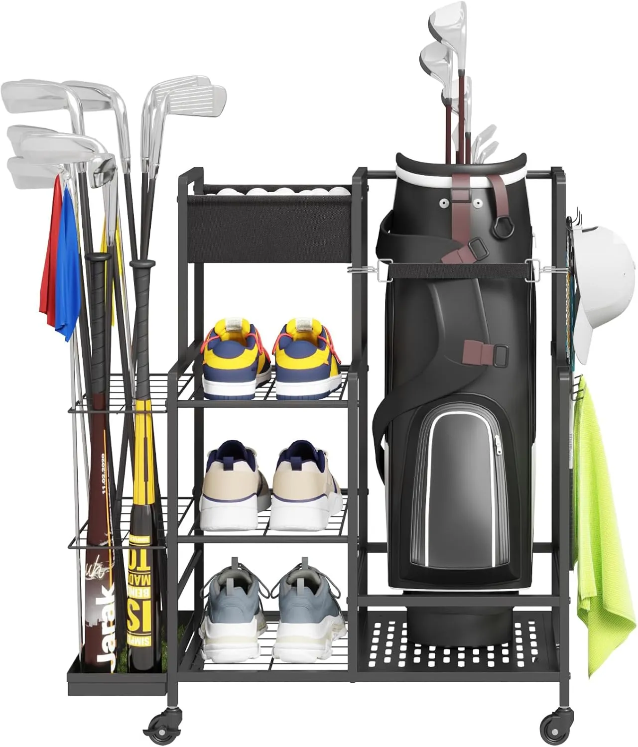 Lifewit Golf Bag Organizer, Golf Bag Stand, Golf Club Holder with Wheels, 4 Removable Hooks, Shoe Racks for Golf Equipment Accessories, Golf Organizers and Storage for Garage, Basement, Shed