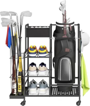 Lifewit Golf Bag Organizer, Golf Bag Stand, Golf Club Holder with Wheels, 4 Removable Hooks, Shoe Racks for Golf Equipment Accessories, Golf Organizers and Storage for Garage, Basement, Shed