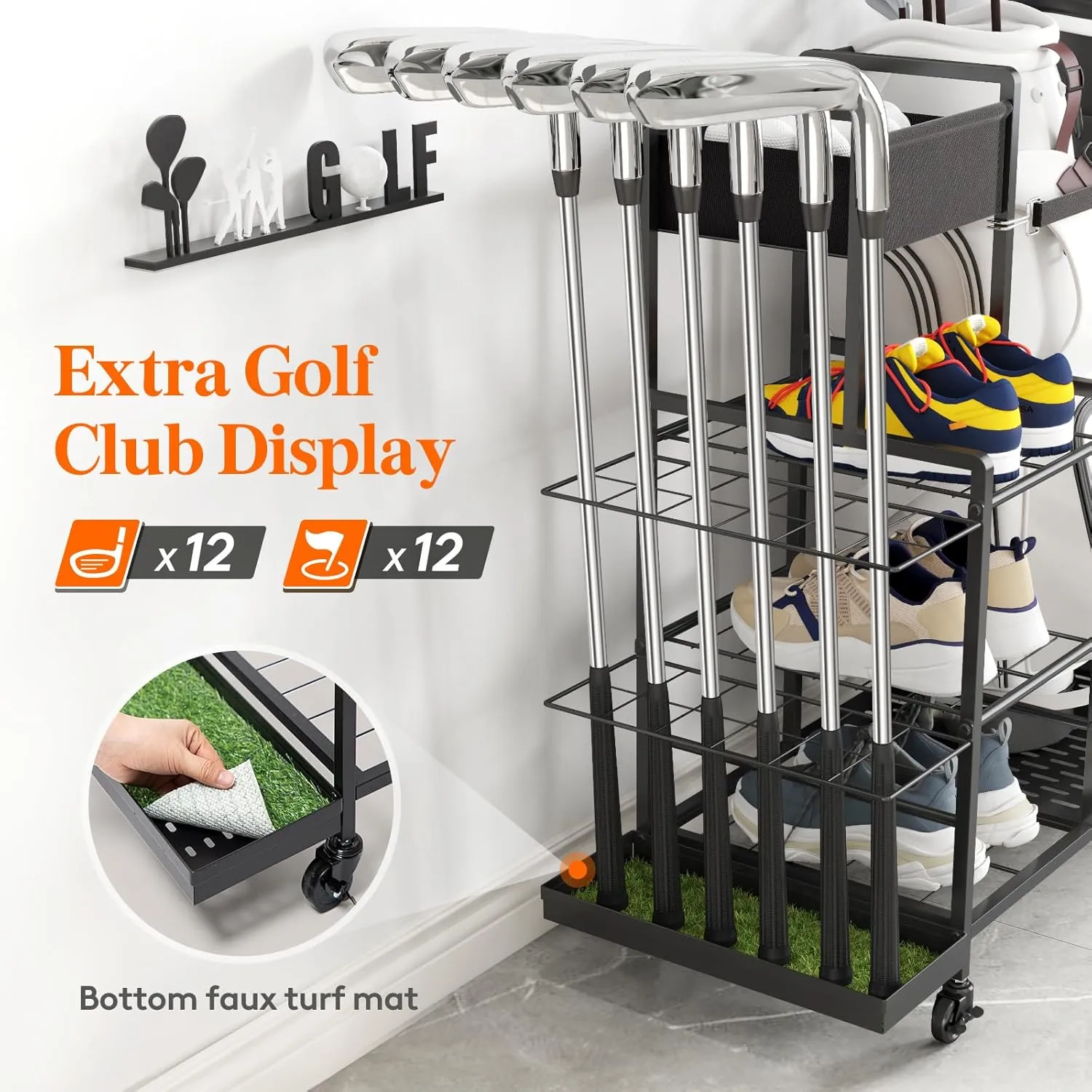 Lifewit Golf Bag Organizer, Golf Bag Stand, Golf Club Holder with Wheels, 4 Removable Hooks, Shoe Racks for Golf Equipment Accessories, Golf Organizers and Storage for Garage, Basement, Shed