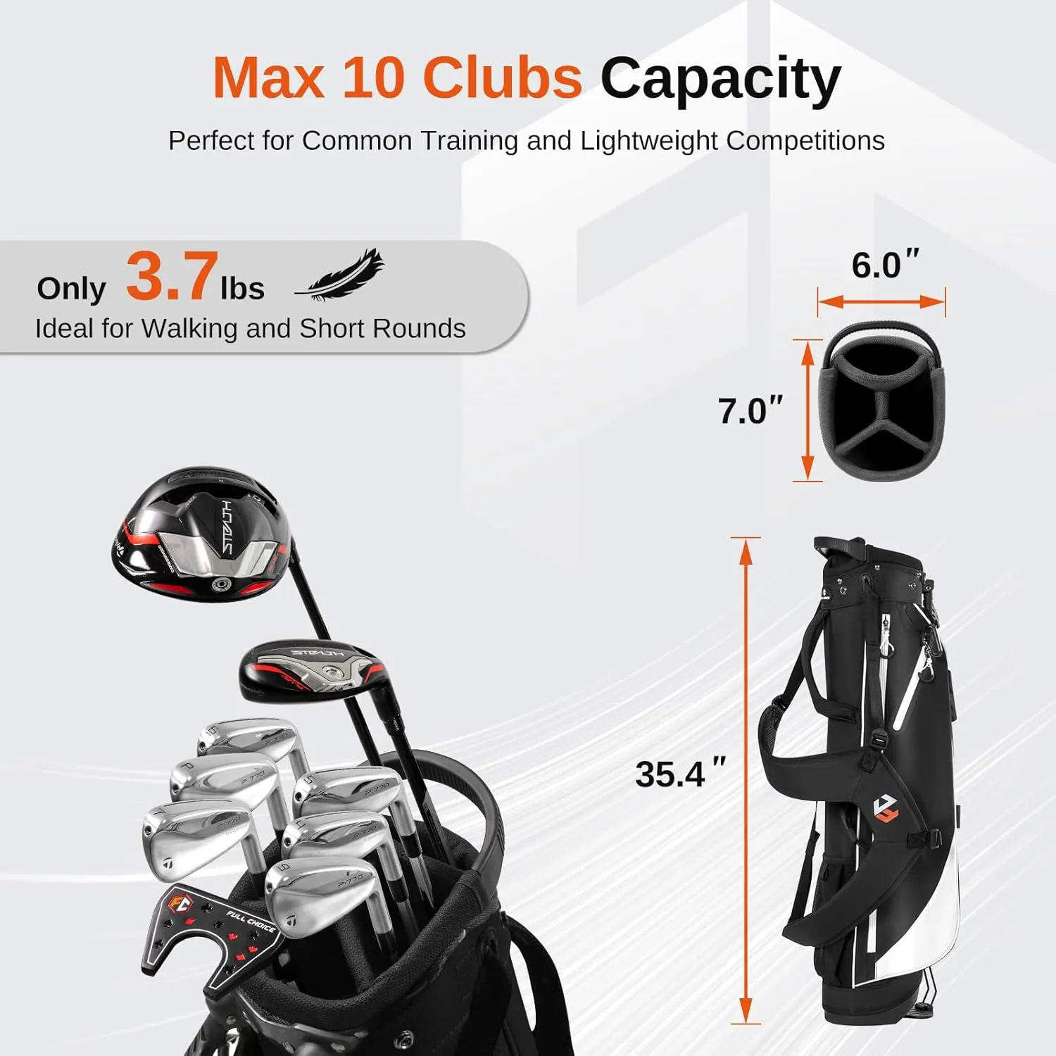 Lightweight Golf Stand Bag, 4-Way Full-Length Dividers, Holds Up to 10 Clubs, 3.7 lbs Golf Bag with Dual Straps & Stand for Driving Range, Par 3, and Standard Courses