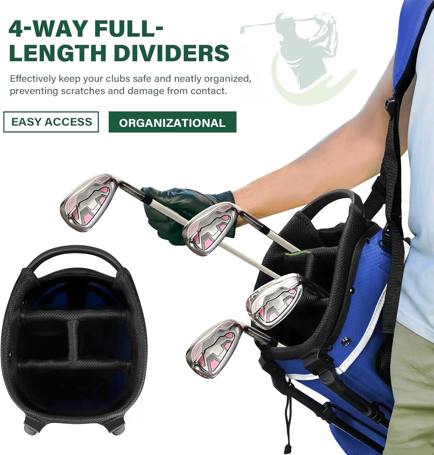 Lightweight Golf Stand Bag with 4-Way Full-Length Divider, Foldable Base & Dual Straps