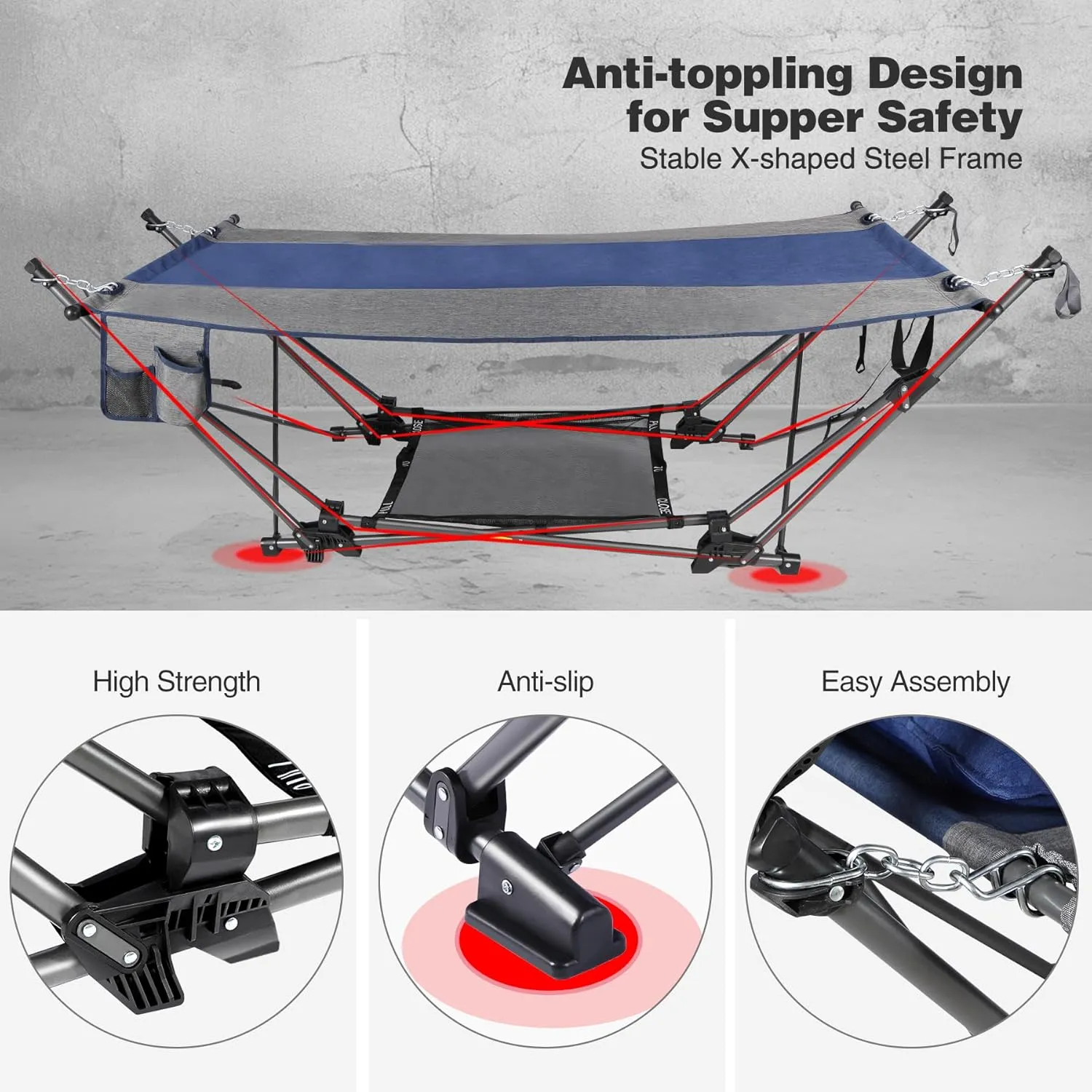 Lineslife Portable Hammock with Stand, Collapsible Foldable Hammock Includes Removable Pillow, Storage Net, Side Pocket with Cup Holder for Camping Beach Patio Travel Blue Grey