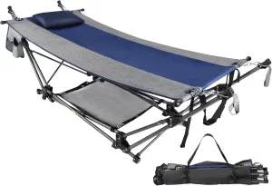 Lineslife Portable Hammock with Stand, Collapsible Foldable Hammock Includes Removable Pillow, Storage Net, Side Pocket with Cup Holder for Camping Beach Patio Travel Blue Grey