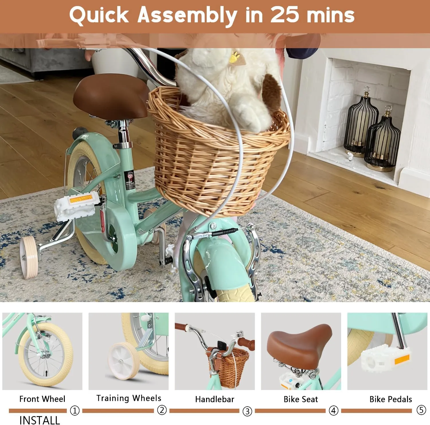 Little Molly 12-20 Inch Kids Bike, Retro Cruiser Girls Bike for Toddlers and Children Ages 2-13 Years, ‎Kids Bicycle with Wicker Basket & Training Wheels/Kickstand, Multiple Colors