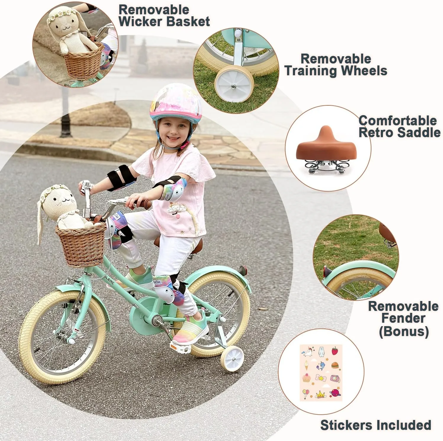 Little Molly 12-20 Inch Kids Bike, Retro Cruiser Girls Bike for Toddlers and Children Ages 2-13 Years, ‎Kids Bicycle with Wicker Basket & Training Wheels/Kickstand, Multiple Colors