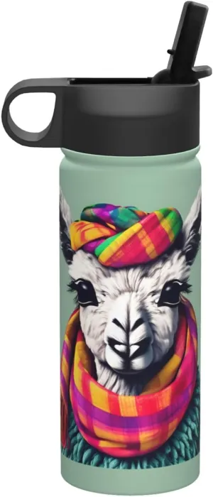 Llama in A Scarf Print Flask Stainless Steel Water Bottle with Straw 18OZ FOR Outdoor Gym Commute