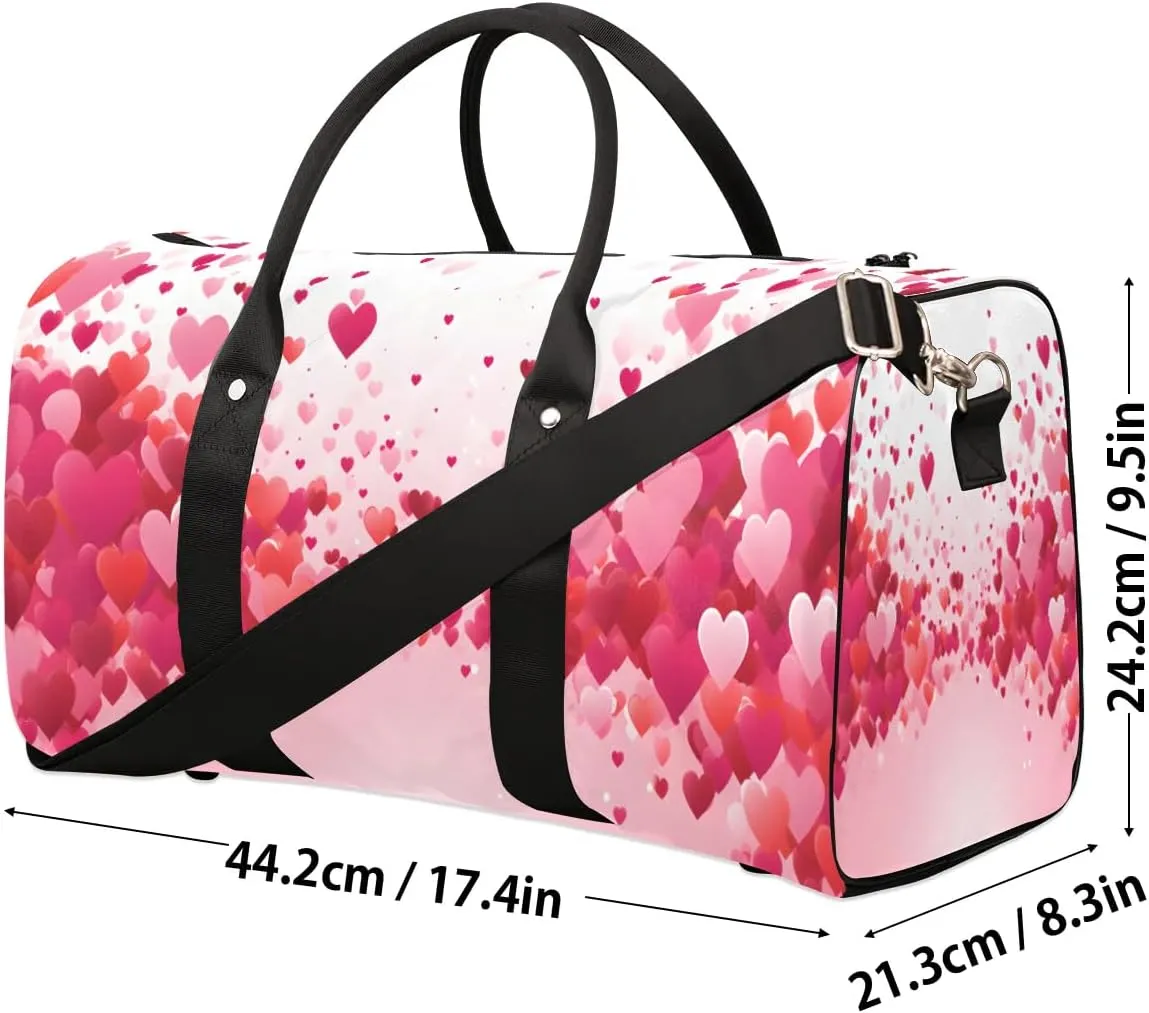 Love Hearts Red Valentine's Day Travel Duffel Bag for Women Men Waterproof Foldable Overnight Weekender Bag Large Capacity Sports Gym Bag