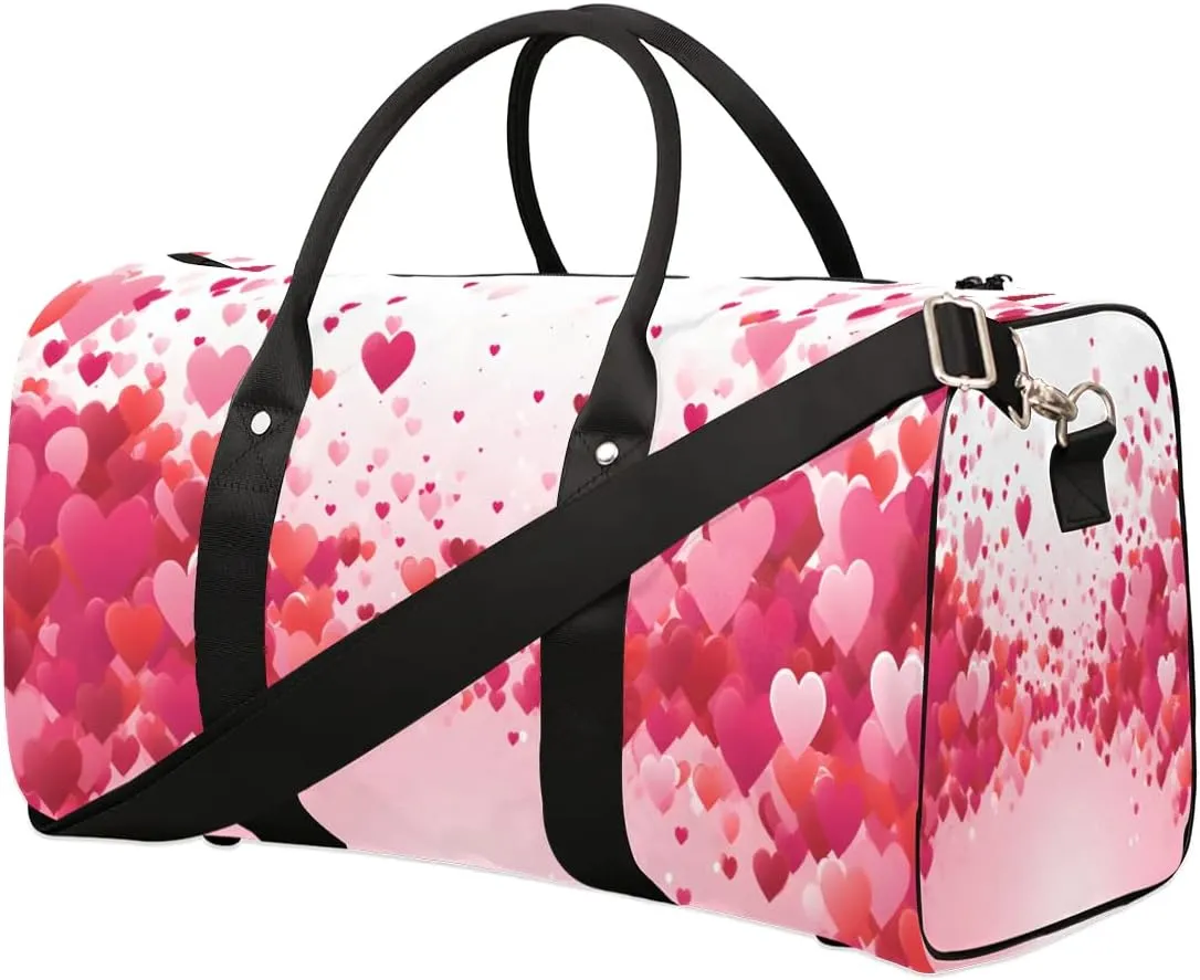 Love Hearts Red Valentine's Day Travel Duffel Bag for Women Men Waterproof Foldable Overnight Weekender Bag Large Capacity Sports Gym Bag