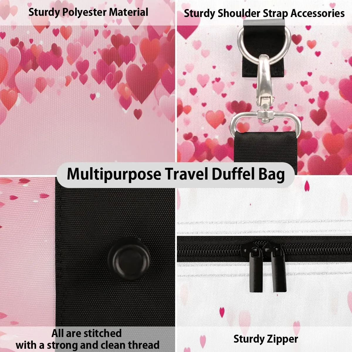 Love Hearts Red Valentine's Day Travel Duffel Bag for Women Men Waterproof Foldable Overnight Weekender Bag Large Capacity Sports Gym Bag