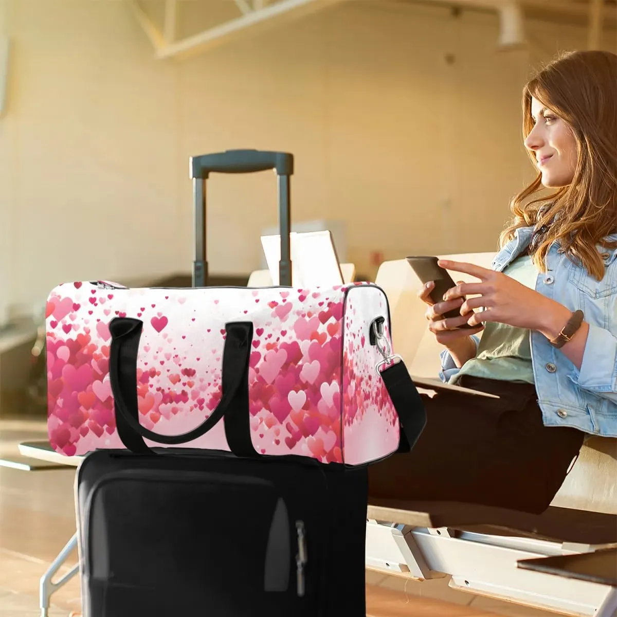 Love Hearts Red Valentine's Day Travel Duffel Bag for Women Men Waterproof Foldable Overnight Weekender Bag Large Capacity Sports Gym Bag
