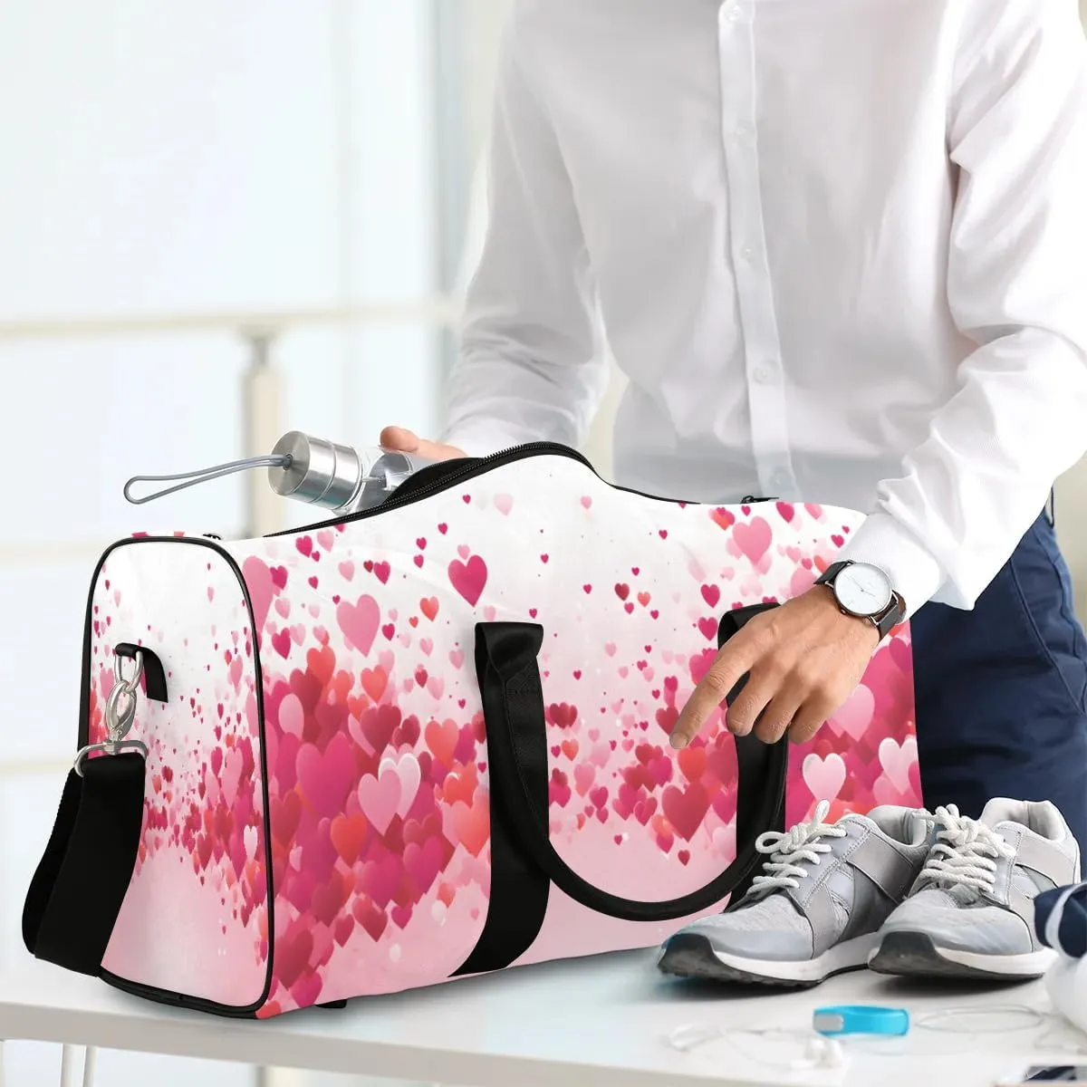 Love Hearts Red Valentine's Day Travel Duffel Bag for Women Men Waterproof Foldable Overnight Weekender Bag Large Capacity Sports Gym Bag