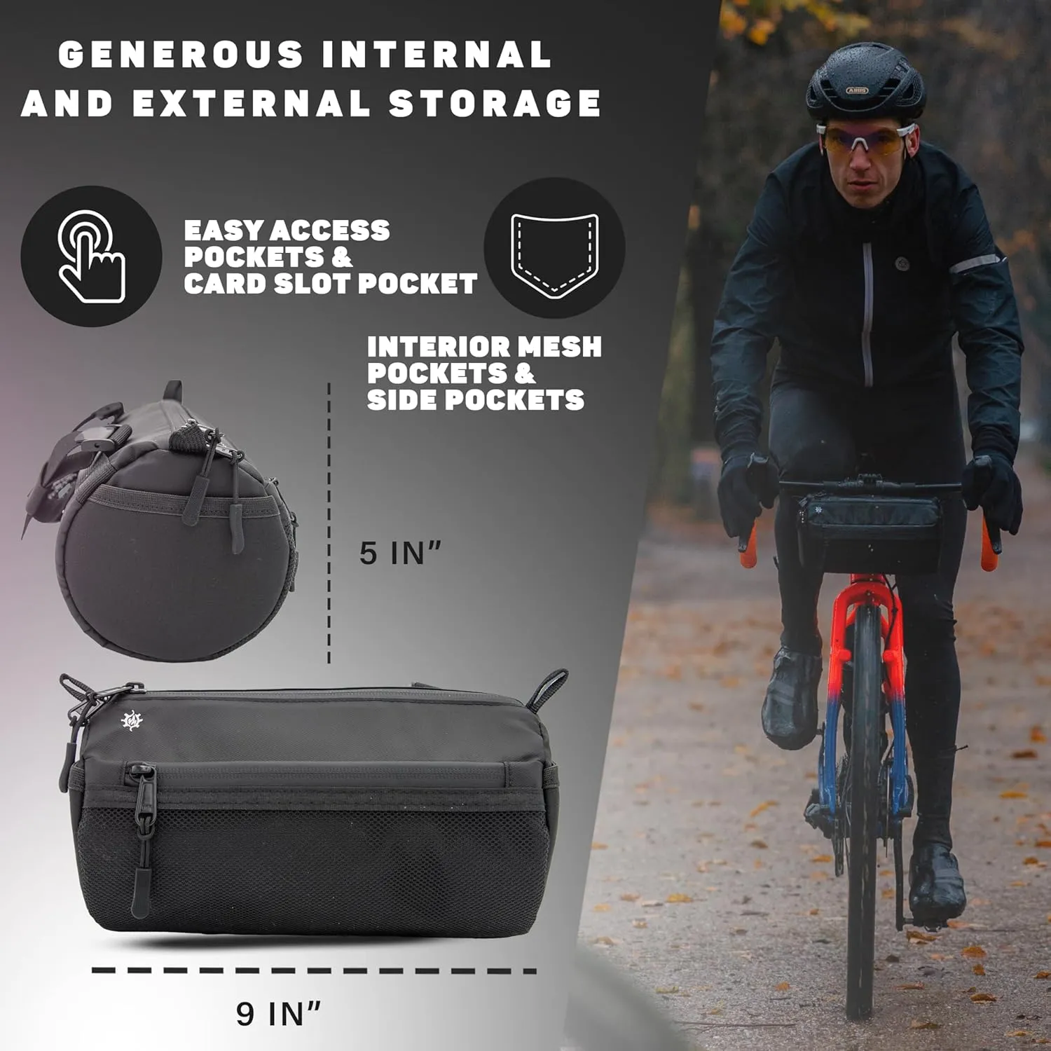Lumiere & Co. Bike Handlebar Bag, Bike Bag, Bicycle Handlebar Bag, Bike Front Bag, Mountain Bike Storage, Bicycle Accessories, Handlebar Bags, Small Bike Bag, Road Bike Bag (Black, Large)
